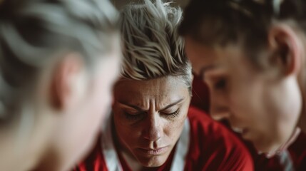 Image capturing the stylish hair and red clothing of a person focused on an indoor activity environment, exuding determination and focus surrounded by peers in the background.