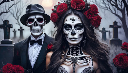 portrait couple gothique Halloween La Katrina with red flowers and skeleton, and a cemetery with a tombstone in the background, in shades of gray