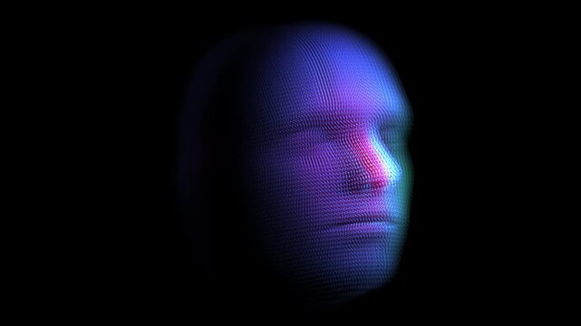 Two 3D glowing digital human faces rotate on black background. Abstract concept of artificial intelligence (AI), data science or analysis. Looped 4K video of digital twins technology, black background