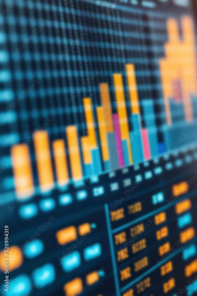 Poster abstract image of financial data displaying various bar charts and graphs in vibrant colors on a dig