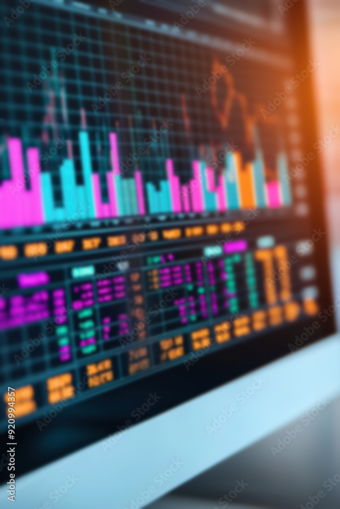 Poster a vibrant close-up of a computer monitor displaying colorful financial graphs and charts in a modern