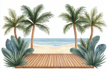 Fototapeta premium A serene beach scene featuring swaying palm trees and lush greenery, perfect for tropical themed designs and relaxation.