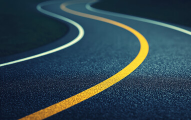 Winding road with bright yellow lines under a dark sky, symbolizing journey and adventure in a serene, minimalist landscape.