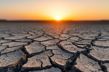 Obraz premium Cracked dry land in a desert during sunset, highlighting effects of climate change and drought. A symbol of environmental challenges and global warming.