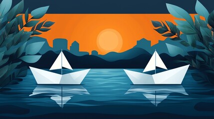 Two paper boats on a calm blue sea under sunset.