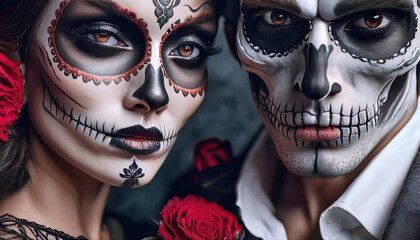 Gothic couple portrait skeleton, Halloween La Katrina with flowers and tattoos