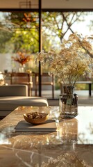 Luxurious glass villa with modern furnishings.