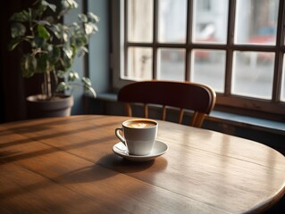 A hot coffee mug sits on the warm table