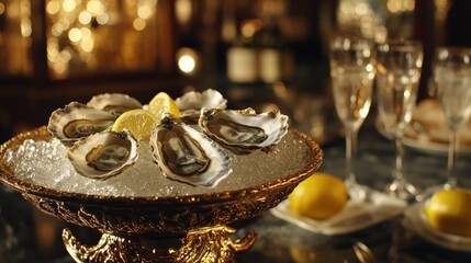 Fototapeta premium Oysters on Ice in a Golden Dish
