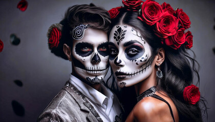 Gothic couple portrait skeleton, Halloween La Katrina with flowers and tattoos