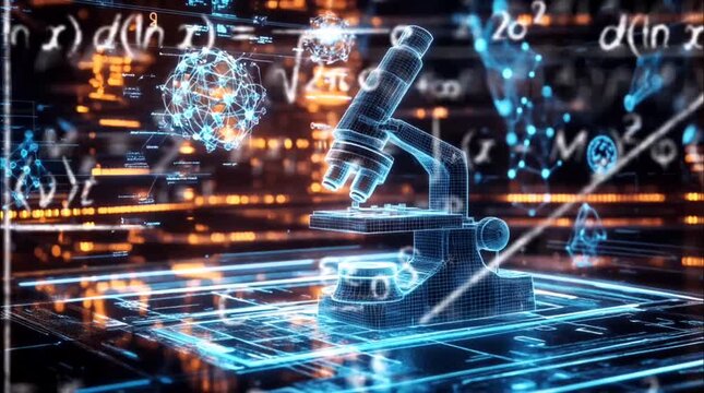 Seamless looping 4k time-lapse animation video background featuring a microscope in a virtual lab surrounded by digital data streams and molecular structures, representing cutting-edge scientific anal