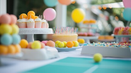 A vibrant dessert table with a tennis theme, featuring cupcakes, macarons, tennis ball decorations, and a cake, set up against a backdrop of balloons and outdoor lighting.