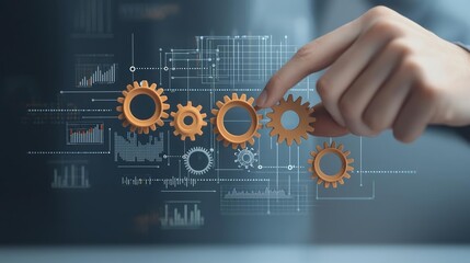A hand adjusting interlocking gears on a digital interface, symbolizing business agility and rapid market adaptation