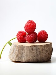 Fresh Raspberries on Wooden Block Isolated on White
