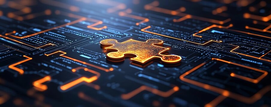 API puzzle piece locking into a digital network, showcasing interoperability and connection in a tech-driven ecosystem