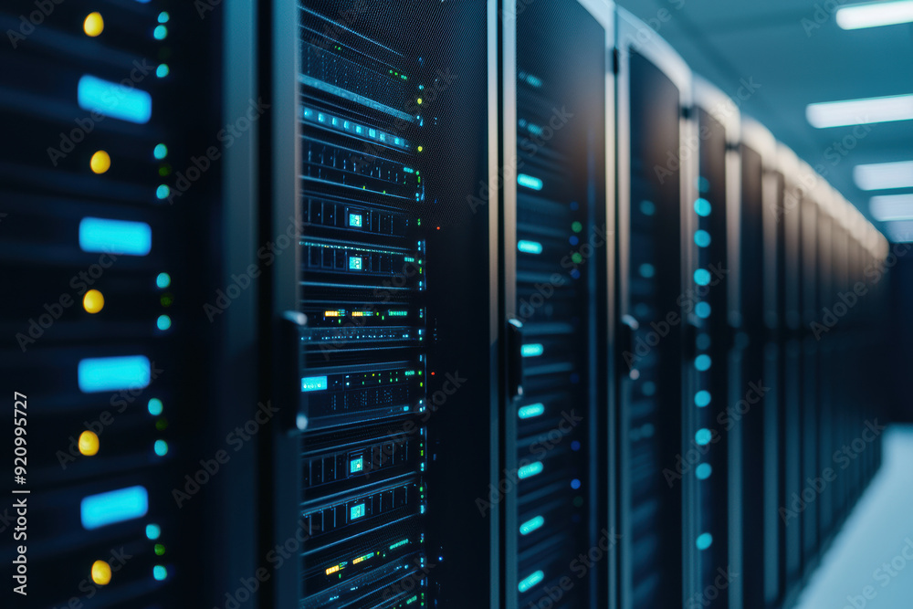 Poster a modern data center with rows of server racks and blue led lights. high-tech infrastructure for dat