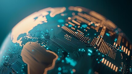 Digital globe made of circuit boards and microchips, symbolizing global digitalization and tech-driven connectivity