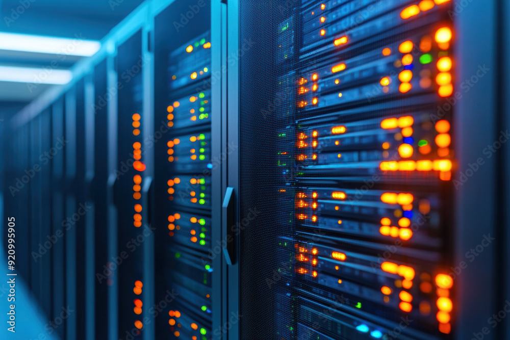 Poster close-up view of illuminated server racks in a modern data center, showcasing advanced technology an