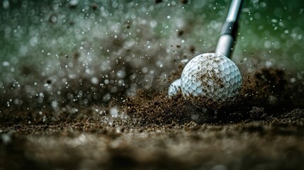 A close-up of a golf ball being hit, with soil splashing dramatically, capturing the dynamic action...