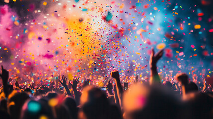 crowd of people with their hands in the air as rainbow confetti falls around them