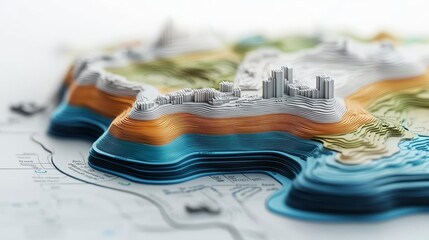Topographic 3D digital map with layered terrain, illustrating the complexities of GIS and geospatial data mapping