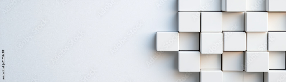 Poster abstract white cubes arranged in a geometric pattern on a clean background, creating a minimalist an