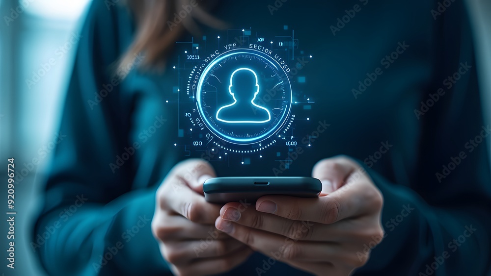 Wall mural person holding smartphone with digital hologram icon of a user profile in a futuristic tech interfac