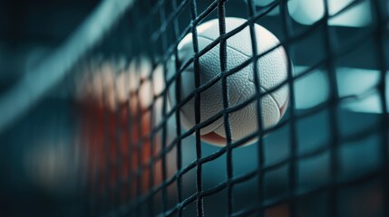 A close-up image of a volleyball trapped in a net, reflecting the energy and dynamic action of a play in a game setting. This capture emphasizes sportsmanship and intensity.