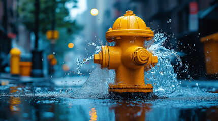 A broken yellow fire hydrant splashing a lot of water on the side of the street in the city