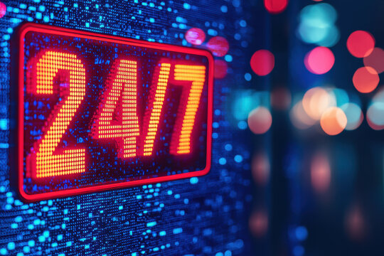 Illuminated 24/7 sign in vibrant red against a backdrop of digital and blurred lights, representing nonstop availability and modern technology.
