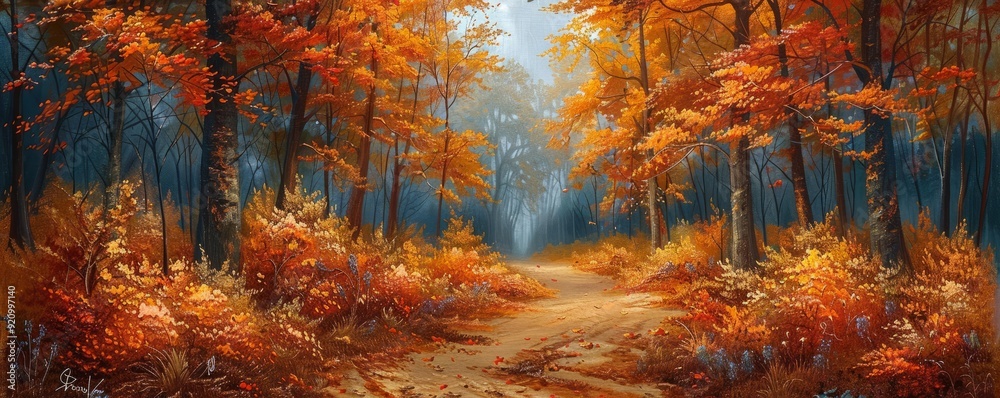 Wall mural pathway through an autumn forest