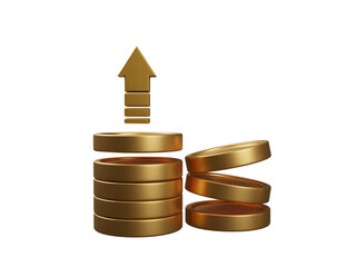 3D icon of gold coins stack with arrow up icon isolated on transparent background. Financial success and growth concept. Arrow up. Success of business strategy. 3d rendering illustration