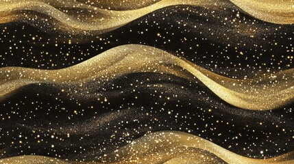 Luxurious seamless pattern with golden waves and sparkling glitter on a dark background. Ideal for festive, high-end designs.