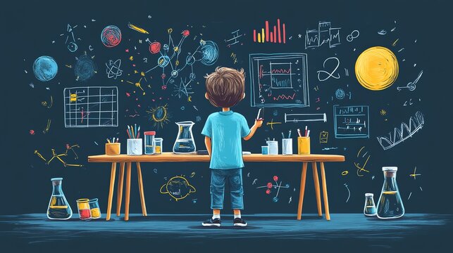 Young scientist drawing science formulas on blackboard.
