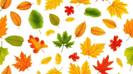Bright and colorful seamless pattern with various autumn leaves isolated on white. Ideal for seasonal designs and fall-themed decor.