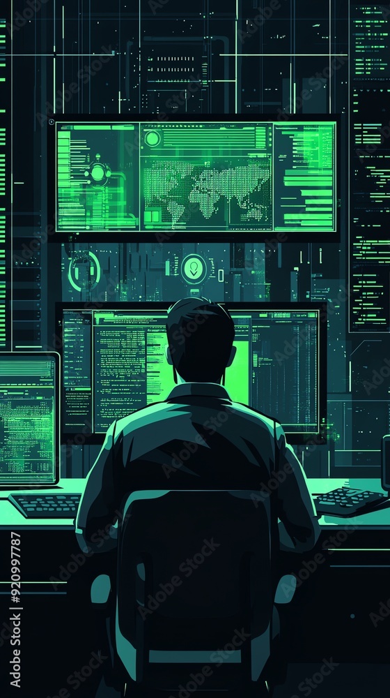 Poster Hacker working late at night on multiple monitors.