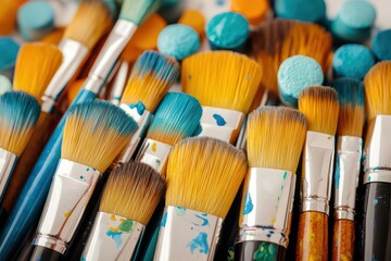 Fototapeta premium A vibrant collection of paint brushes showcasing colorful bristles and art supplies, perfect for creative inspiration.