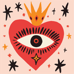 Vector quirky crying valentine's heart, groovy cute comic character. Boho doodle modern print, funny hand-drawn playful art