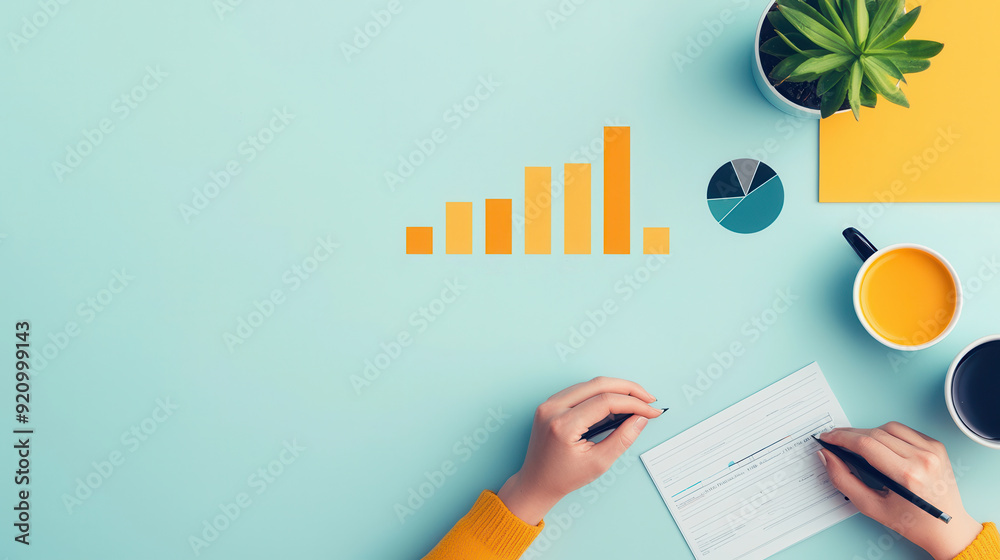 Canvas Prints Top View of a Person's Hand Writing on a Paper with a Bar Chart and Pie Chart on a Blue Background.