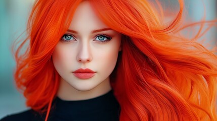 Obraz premium A woman with long red hair and blue eyes. She is wearing a black shirt and has red hair