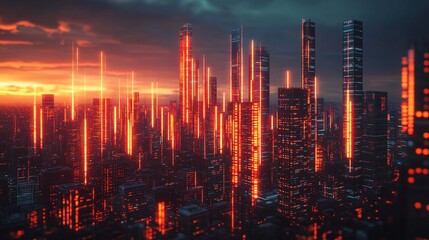 Fototapeta premium A vibrant cyberpunk cityscape featuring illuminated skyscrapers with glowing red lights, set against a dramatic sunset sky.