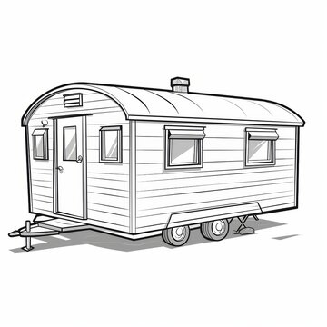 recommend clip art: A black and white illustration of a caravan or trailer with three windows, a door, and three wheels.