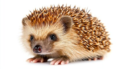 Obraz premium A small brown and white hedgehog with a black nose. It is standing on its hind legs and looking at the camera