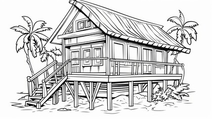 A black and white illustration of a tropical vacation home with palm trees.