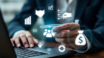 Businessman using smartphone for financial management with digital icons overlay
