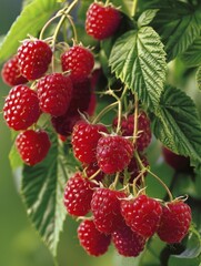 Fresh Ripe Raspberries on the Bush Close-Up