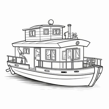 recommend clip art: A hand drawn outline illustration of a houseboat with windows, a railing, a chimney, a ladder, a potted plant, and an anchor.