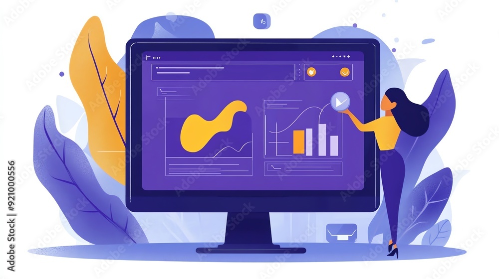 Aufkleber woman presenting successful business data on computer screen.