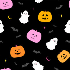 Colorful pumpkins and ghosts on a black background. Halloween seamless pattern. 