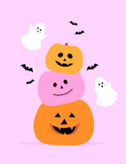 Colorful pumpkins, bats and ghosts on a pink background. Vector illustration for Halloween.